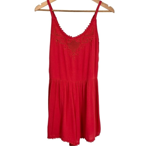 NWT Xhilaration Jumper w/Adj. Spaghetti Straps & Embroidered Trim Dark Coral - Picture 1 of 9